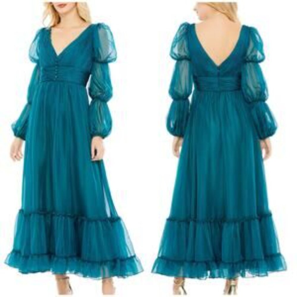 New Mac Duggal Teal Chiffon Ruched Tiered Puff Sleeve A-line Long Dress P6686